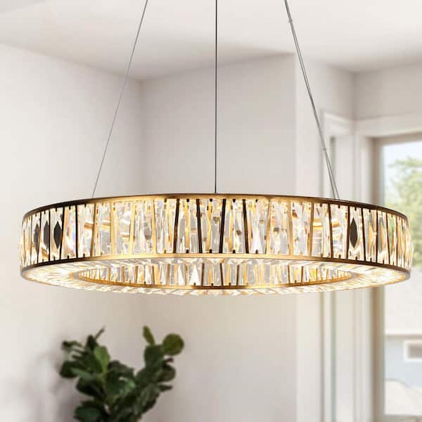 1-Light Dimmable Integrated LED Plated Brass Circle Chandelier with Glam Crystal Accents Modern Island Pendant