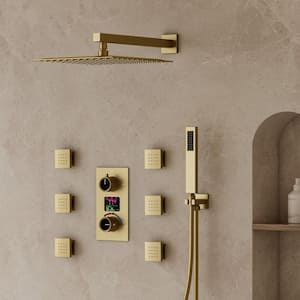 3-Spray 12 in. Wall Mount Dual Fixed and Handheld Shower Head and LCD Display in Brushed Gold(Valve Included)