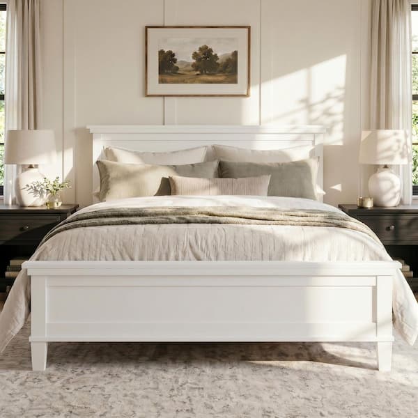 White Wood Frame Queen Platform Bed with Headboard and Wood Slat Support