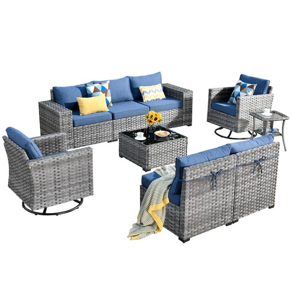 Howell 9-Piece Wicker Outdoor Furniture Patio Conversation Sofa Set with Swivel Rocking Chairs and Denim Blue Cushions