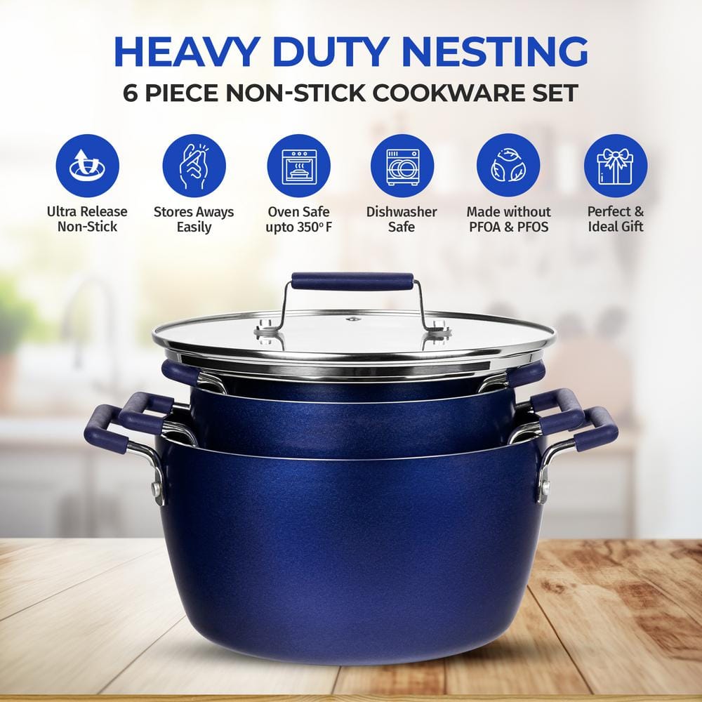 Blue Aluminum Nonstick 6-Piece Stackable Cocotte Set