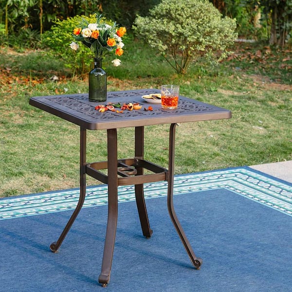 PHI VILLA Brown Square Cast Aluminum Outdoor Bistro Table with Umbrella Hole THD E073