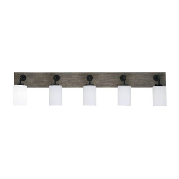 Unbranded Kirby 46.5 in. 5 Light Black and Painted Wood-look Vanity Light with 4 in. White Musl5n Glass Shades No Bulbs Included