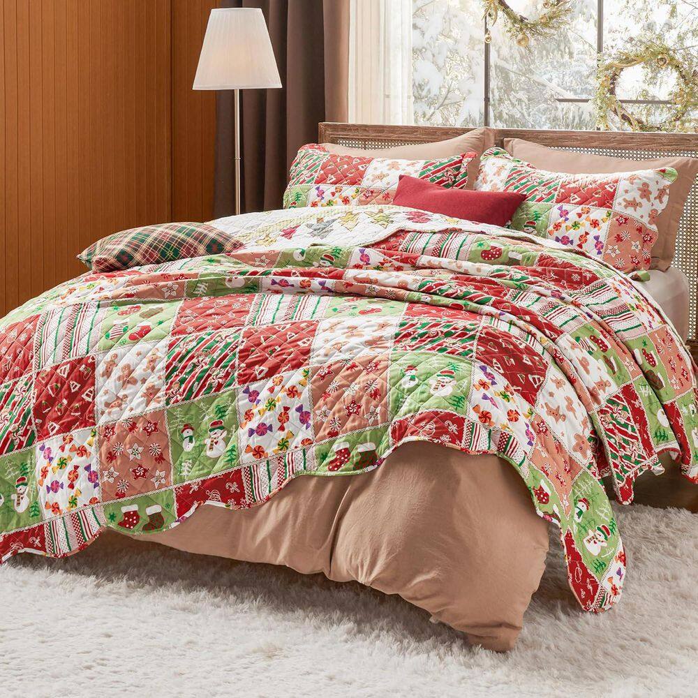 3-Piece multicolor Patchwork Printed Pattern Christmas Polyester Bedding Quilt Set for Queen Size, Soft Lightweight price history on PriceWatchPro