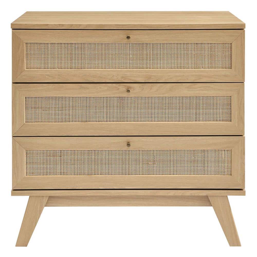 Coastal Charm Oak 3-Drawer Dresser with Rattan Weave