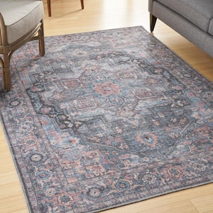 57 Grand Machine Washable Light Blue Multi 6 ft. x 9 ft. Bordered Traditional Area Rug