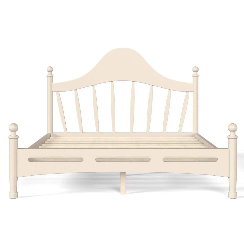 Beige Pine Wood Frame Queen Platform Bed with Elegant Curved Headboard, Slatted Support durable construction