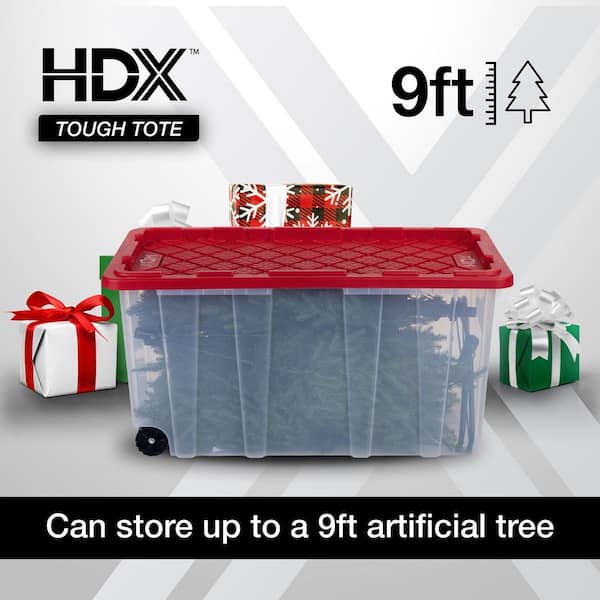 77 Gal. Tough Storage Tote with Wheels in Clear with Red Lid