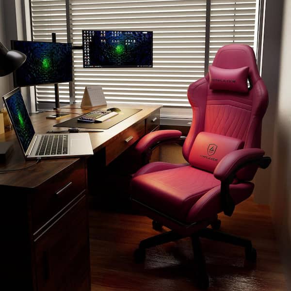 Gaming Chair with Footrest and Bluetooth Speakers Faux Leather Music Video Game Chair Computer Desk Chair, WineRed