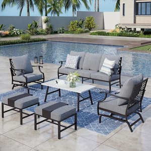 Black Meshed 7-Seat 6-Piece Metal Outdoor Patio Conversation Set with Gray Cushions and Table with Marble Pattern Top