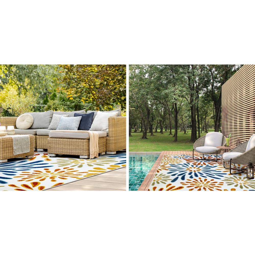 Blue and Gold Floral Indoor Outdoor Area Rug 4'x6'