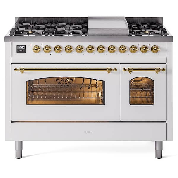 ILVE Nostalgie II 48 in. 8-Burner Plus Griddle Double Oven Liquid Propane Dual Fuel Range in White with Brass Trim