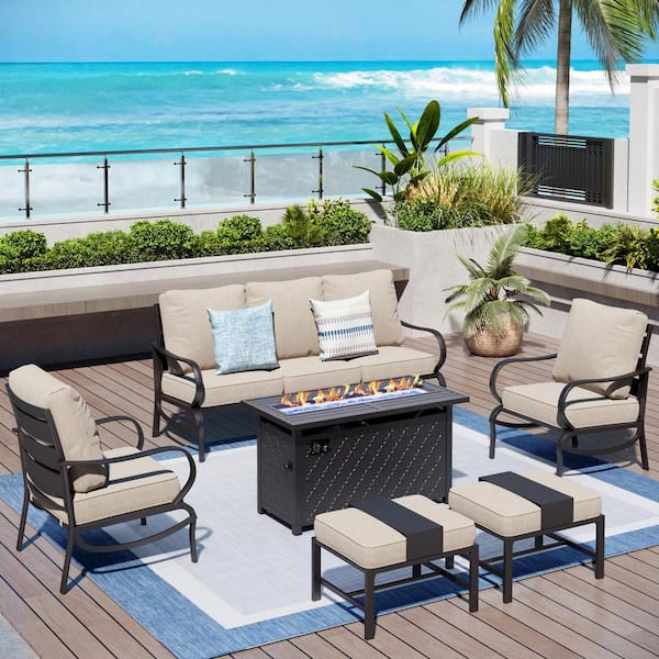 PHI VILLA Black Metal Slatted 7 Seat 6-Piece Steel Outdoor Fire Pit Patio Set with Beige Cushions and Rectangular Fire Pit Table