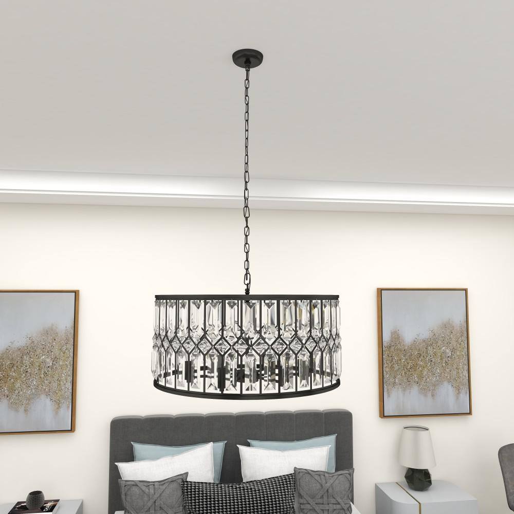 Elegant 24" Black Metal and Crystal Drum Chandelier with Edison Bulbs