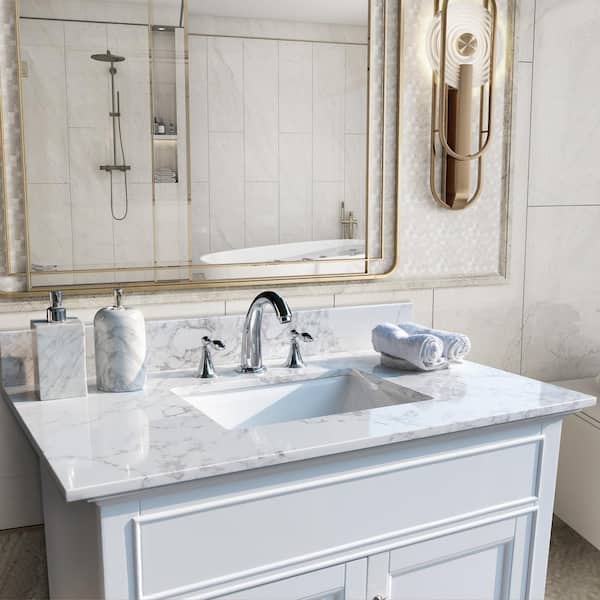 UKISHIRO 37 in. W x 22 in. D Stone Single Sink Vanity Top in Carrara White with White Rectangular Single Sink MTL0JN220412001 - The Home Depot
