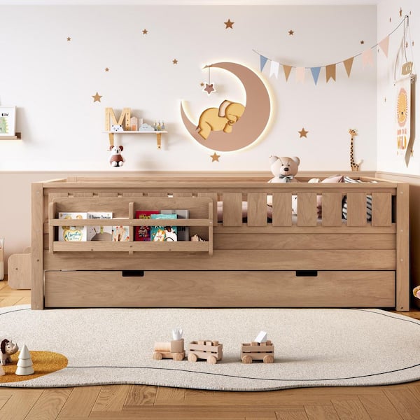 Natural Twin Size Kids Bed with Built-In Bookshelves and Small Staircase