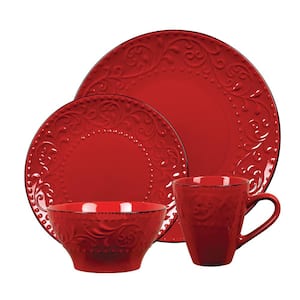 16-Piece Stoneware Scroll Dinnerware Set-Red