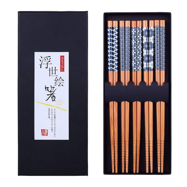 8.8 in 5 Pairs Natural Bamboo Chopsticks Reusable Classic Japanese Style Chop Sticks Gift Sets, Dishwasher Safe