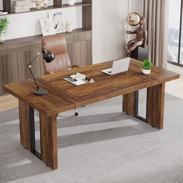 BYBLIGHT Havrvin 71 in. Rectangle Brown MDF Computer Desk with Metal Frame, Modern Workstation Business Furniture for Home Office