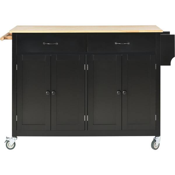 Ziyudura Rolling Black Solid Wood Top 54 in. Kitchen Island Cart with Adjustable Shelves, Spice and Towel Rack