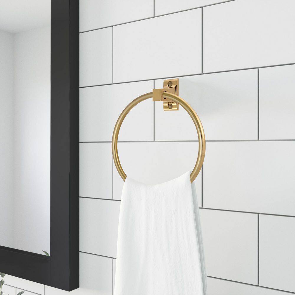 Polished Brass Wall Mounted Towel Ring with Squared Details