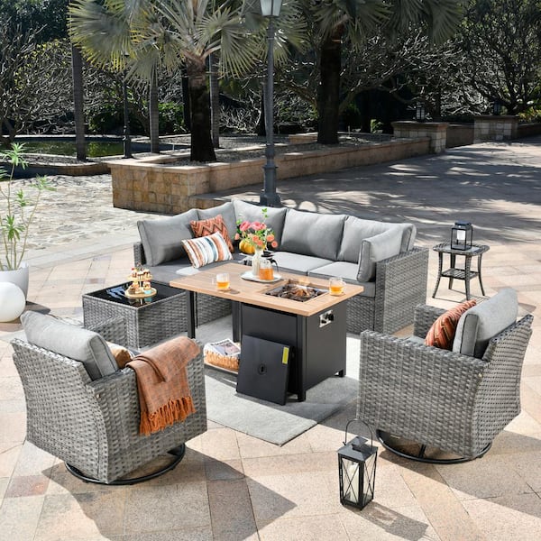 Toject Sanibel Gray 9-Piece Wicker Outdoor Patio Conversation Sofa Sectional Set with a Storage Fire Pit and Dark Gray Cushions