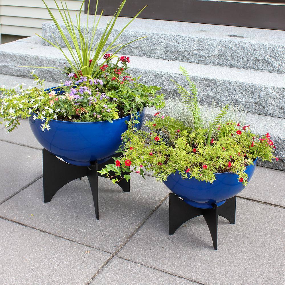 Norma 16'' French Blue Galvanized Steel Planter with Black Stand