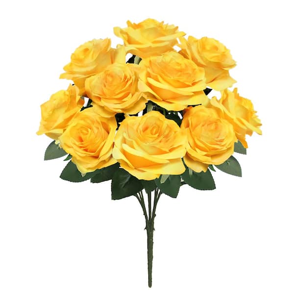LIVING LUXURY 18 in. Deluxe Yellow Artificial Queen Rose Flower Stem Bush Bouquet (Set of 2)