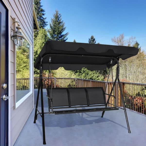 3-Person Metal Frame Patio Porch Swing UV Protection Waterproof Swing with Polyester Angle and Black Adjustable Canopy