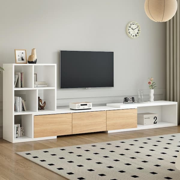 Nestfair White Extendable TV Stand Fits TVs up to 110 in. with Storage Cabinets and 3 Tier Bookshelves