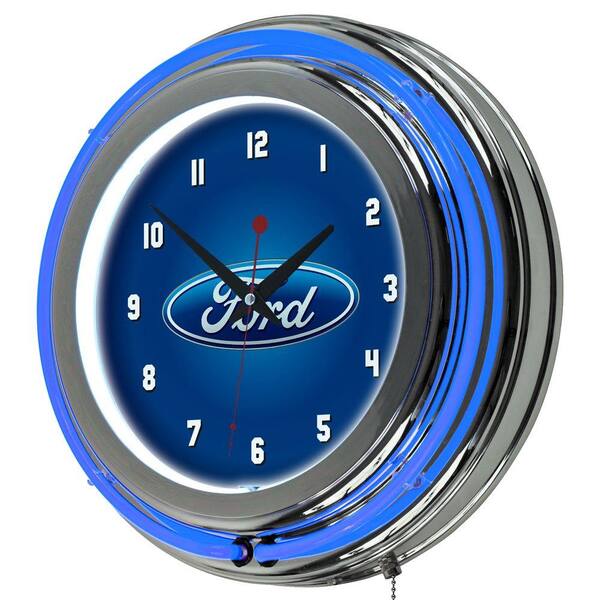 Ford 3 in. x 14 in. Oval Chrome Double Rung Neon Wall Clock