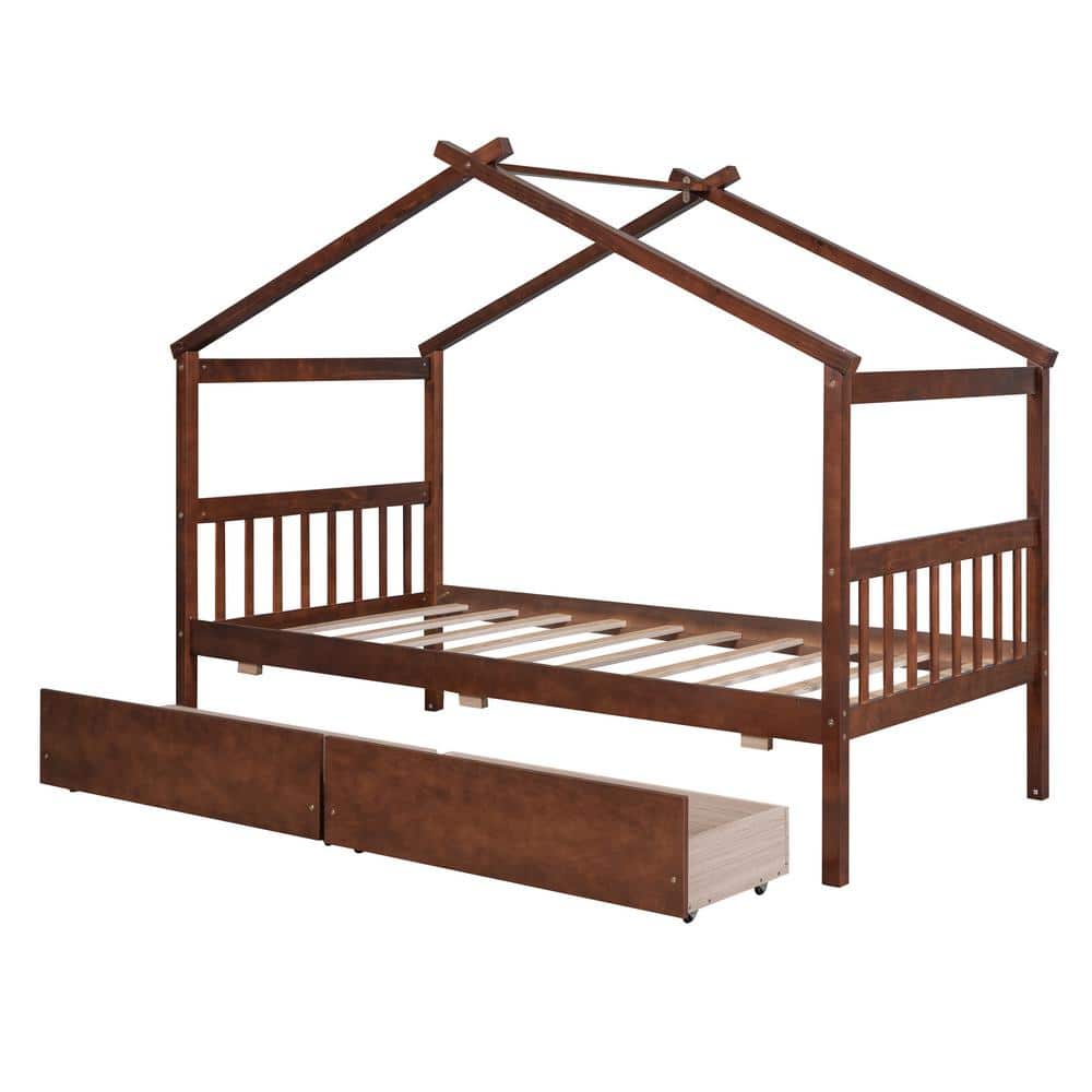 URTR HouseShaped Walnut Twin Bed with Drawer Wooden Twin House Bed for