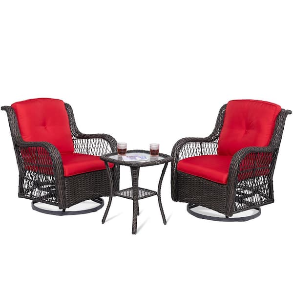MEOOEM 3-Piece Outdoor Brown Wicker Patio Conversation Set with Red Cushions, Swivel Rocking Chairs and Glass Top Table