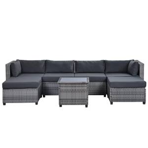 Light Gray 7-Piece PE Wicker Outdoor Sectional Set with Dark Gray Cushions, Coffee Table and Ottomans