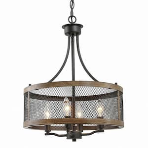 4-light Oil Black and Wood Farmhouse Drum Chandelier for Dining Room with no bulbs included