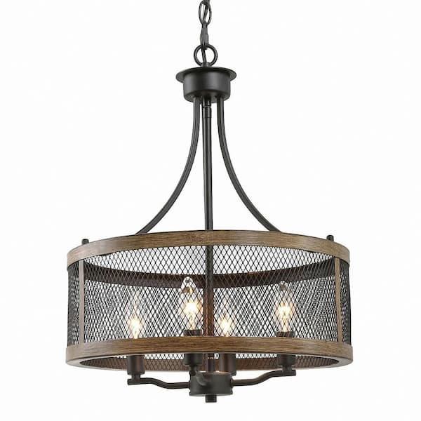 Briignite 4-Light Oil Black and Wood Farmhouse Drum Island Chandelier with Adjustable Chain for Dining Room, No Bulbs Included
