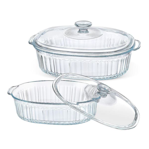 2-Piece Clear Borosilicate Glass Microwaveable Cookware Baking Dish Set w/ Lids, 1.9 qt. and 3 qt. Oven and Freezer Safe