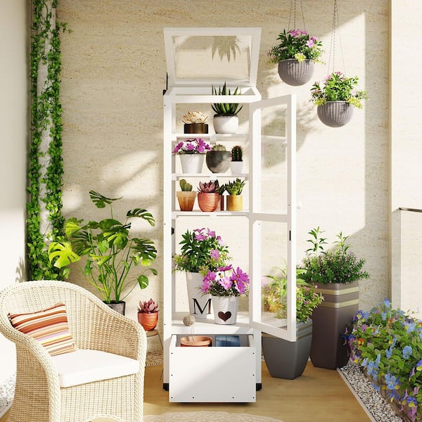 Unbranded 18.1 in. W x 19.7 in. D x 62.4 in. H Wood White Outdoor Greenhouse, Portable Cold Frame with Adjustable Shelves