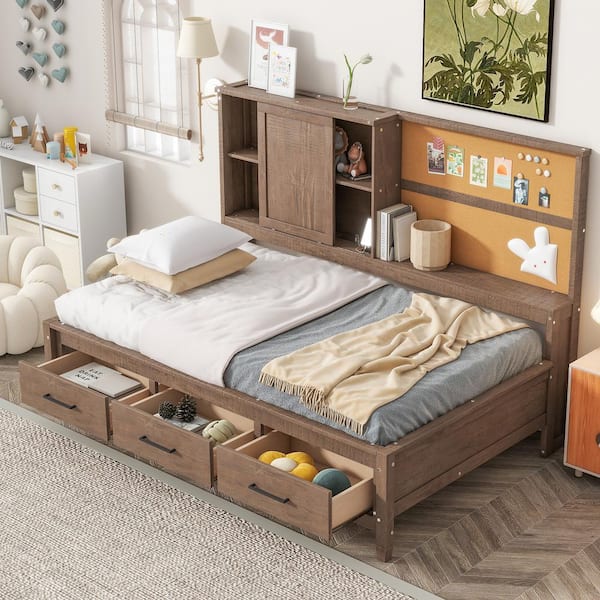 Brown Twin Lounge Daybed with USB Ports, Cork Board and 3 Drawers