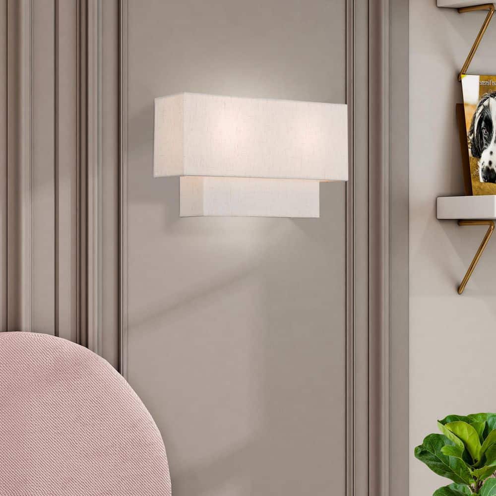 Claremont English Bronze Dual-Light Wall Sconce with Off-White Shades
