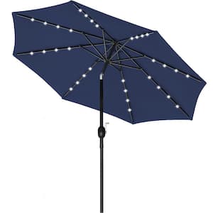 9 ft. Metal Market Tilt Patio Umbrella in Dark Blue with Solar LED Light