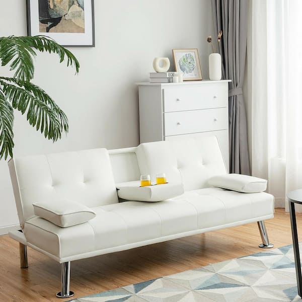 Forclover 66 In White Pu Leather Convertible Twin Sleeper Sofa Bed With 2 Cup Holders Sy 366hw915wh The Home Depot Forclover 66 In White Pu Leather, White Leather Convertible Sofa Bed