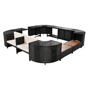 Black 8-Piece Wicker Outdoor Sectional Set Spa Hot Tub Accessories Furniture with Storage and Beige Cushions