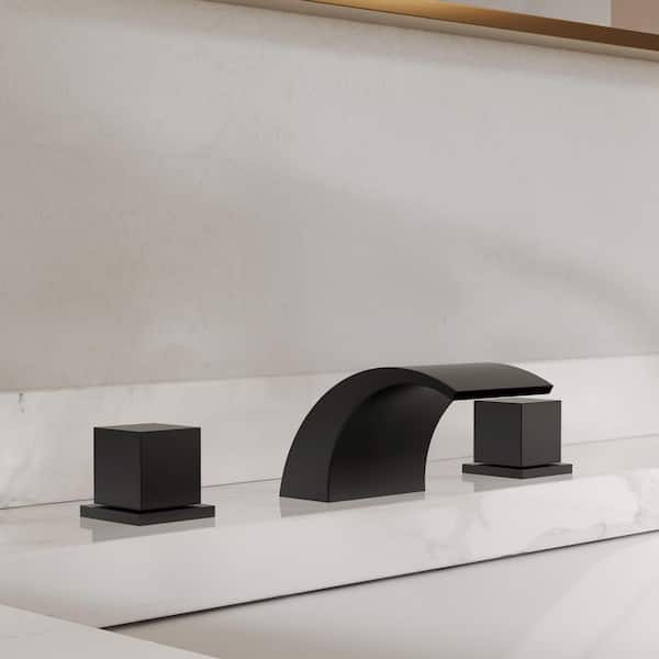 Waterfall 8 in. Widespread Deck Mount 2-Handle Bathroom Basin Sink Faucet 1.2 GPM in Matte Black with Drain Included