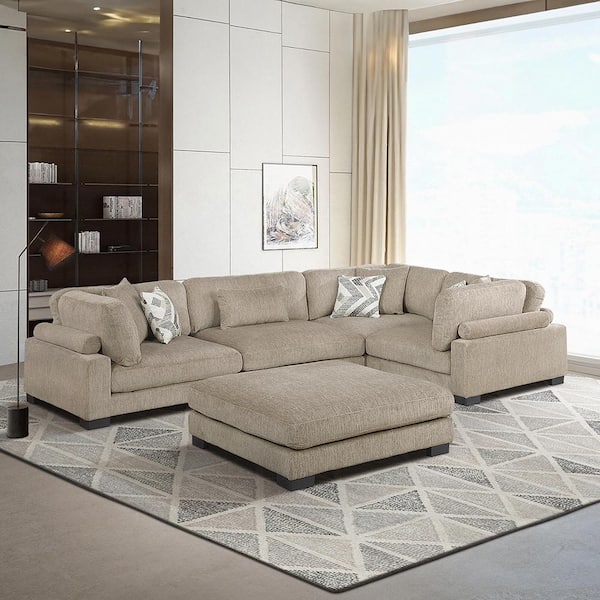 Lazzara Beane 135 in. Pillow Top Arm 5-Piece Textured Microfiber Modular Sectional Sofa in. Brown with Ottoman