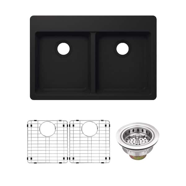 33 in. Drop-in/Undermount Double Bowl 50/50 Quartz Kitchen Sink in Black with Accessories