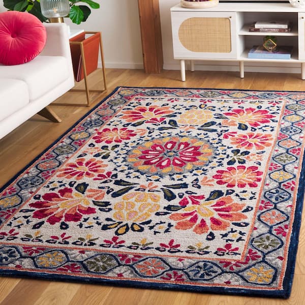 Blossom 6 ft. x 6 ft. Ivory/Red Floral Border Square Area Rug