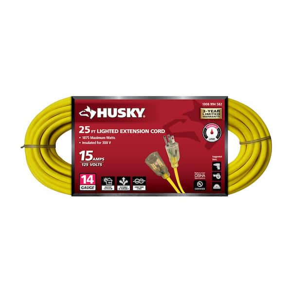 Husky 25 ft. 14/3 Medium Duty Indoor/Outdoor Extension Cord with Lighted  End, Yellow 73025HY - The Home Depot