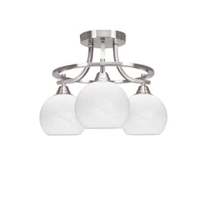 Madison 15.5 in. 3-Light Brushed Nickel Semi-Flush Mount with White Marble Glass Shade