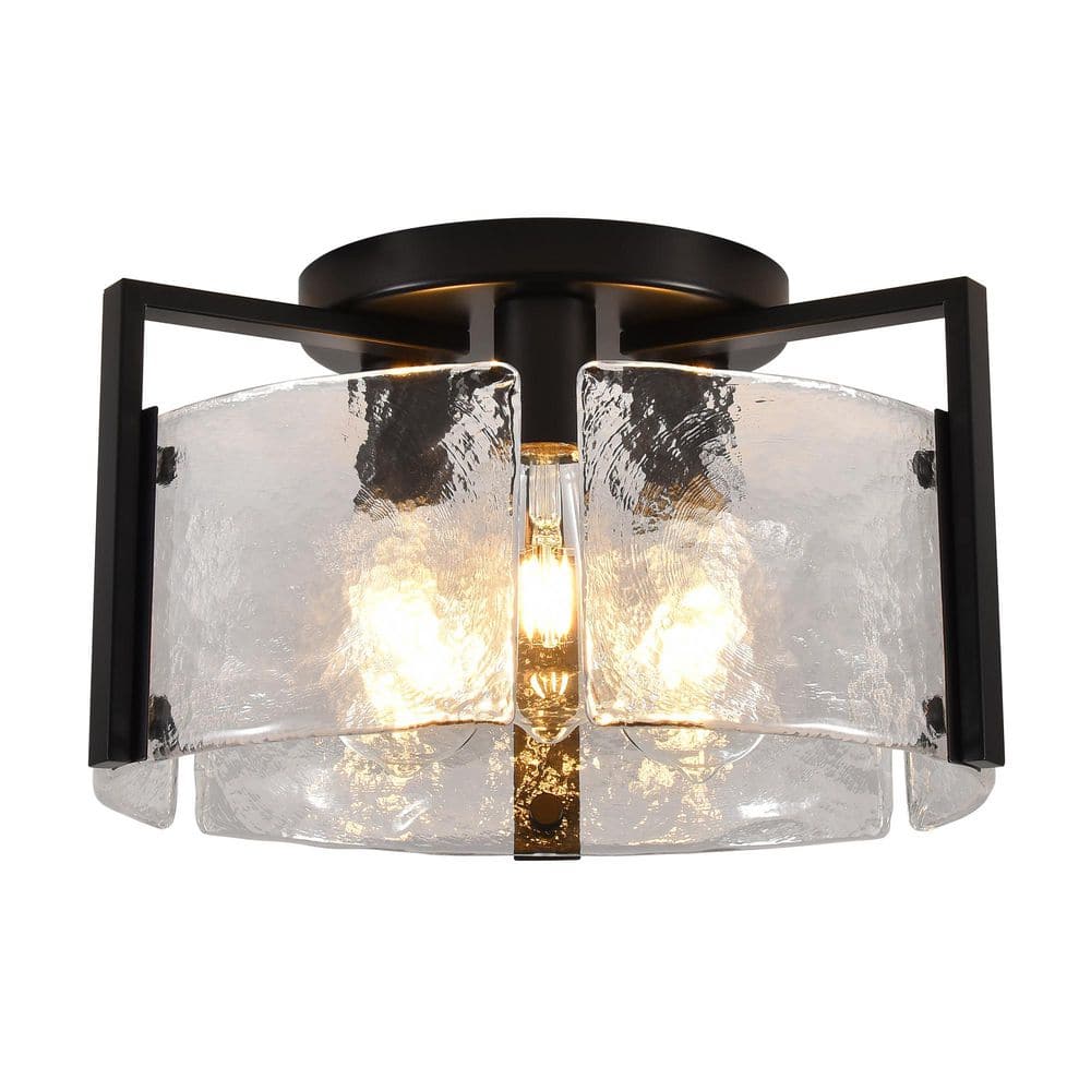 3-Light 15 in. Modern Round Matte Black Rippled Glass Flush Mount Ceiling Light For Bedroom, Dining Room, Foyer, Office price history on PriceWatchPro